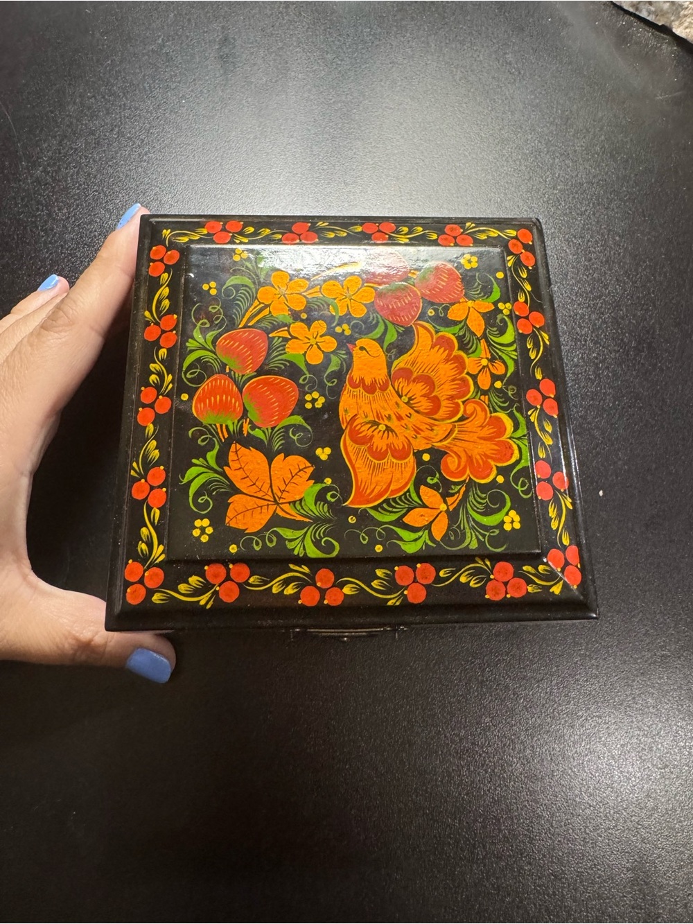Russian style Hand-Painted Black Trinket Box with Floral Bird Design